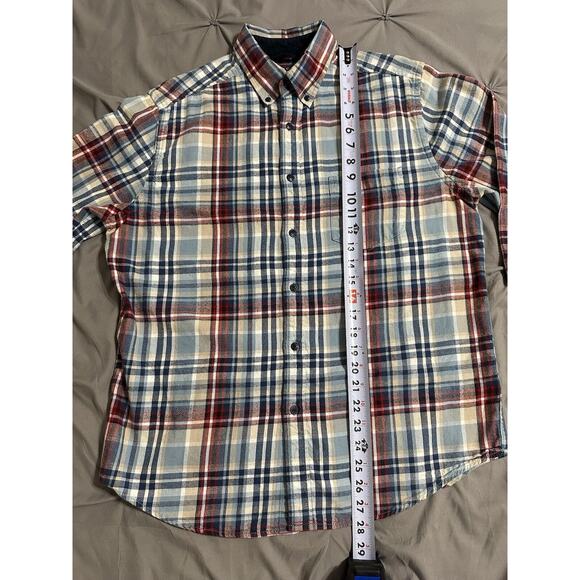 Merona Mens Flannel Shirt Sz Med. Button Down Cotton Long Sleeve Blue Red Tan - Picture 10 of 11